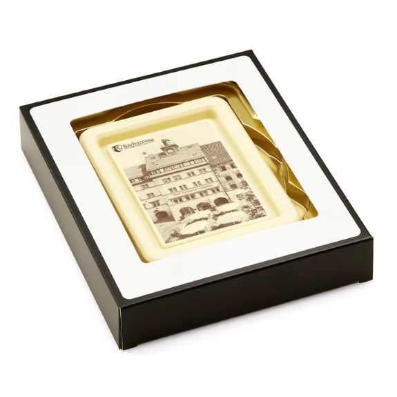 Schoko-Tafel mit individuellem Direktdruck auf der weißen Schokolade mit Ihrem Logo als Werbeartikel.