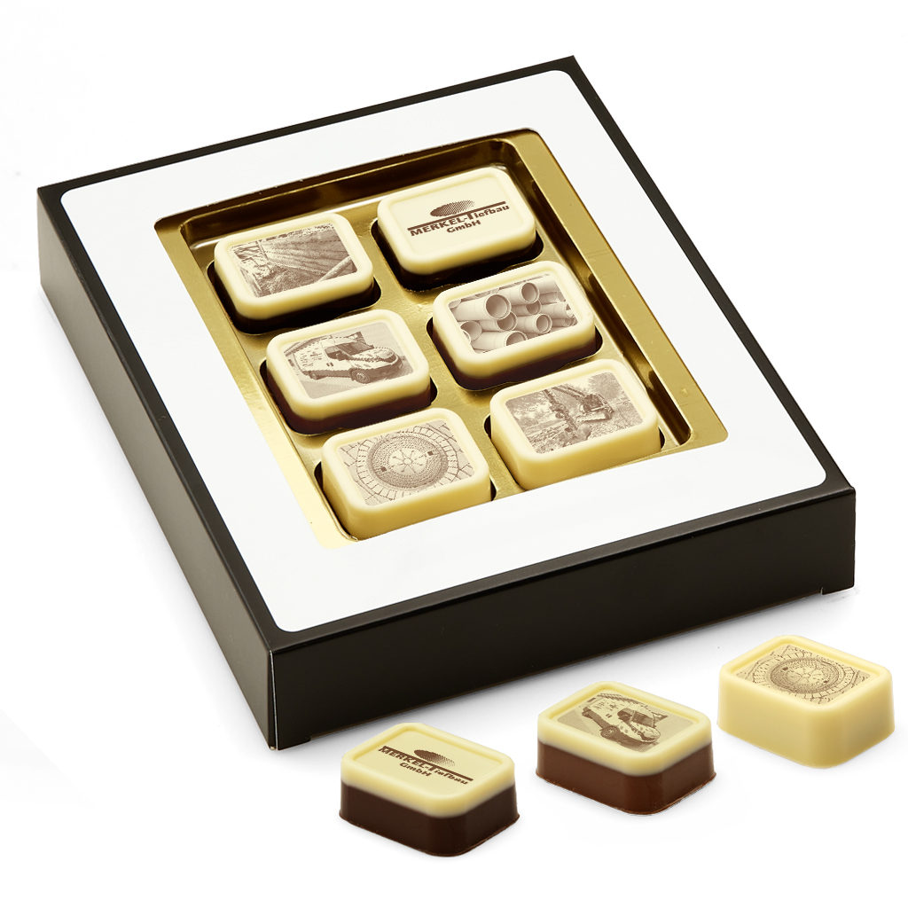 Pralinen mit Logo bedrucken als Werbegeschenk verpackt zu 6 Stück in Geschenkbox als Werbeartikel.
