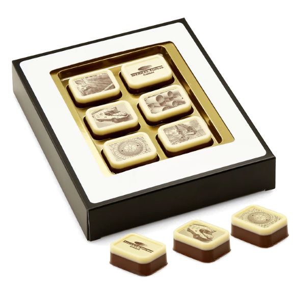 Pralinen mit Logo bedrucken als Werbegeschenk verpackt zu 6 Stück in Geschenkbox.