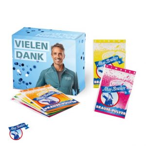 6 Stück Ahoj Brause Pulver-Tüten in der Werbebox mit Logo individuell bedrucken als Werbeartikel.