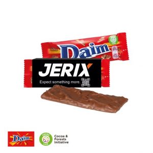 Daim Riegel mit Werbeschuber aus Karton individuell bedrucken mit Logo als Werbeartikel.