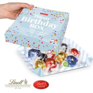 Lindt Lindor Pralinés Kugeln in Präsentbox mit Logo individuell bedruckt als Werbeartikel.