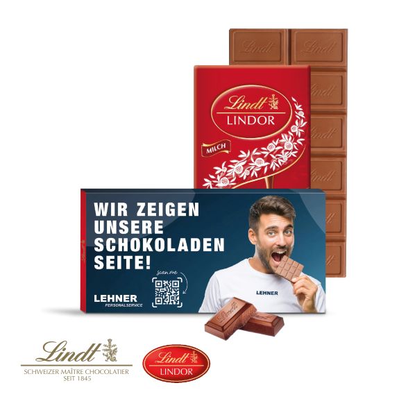 Lindt Lindor Schokotafel mit Werbeschuber individuell bedrucken mit Logo als Werbeartikel.