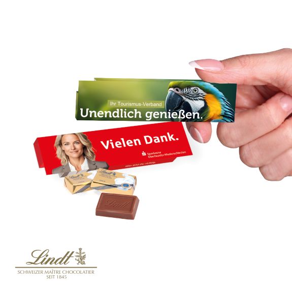 Lindt Schokotäfelchen in Werbebox und die Verpackung individuell bedrucken mit Logo als Werbeartikel.
