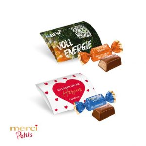 Werbebriefchen mit 1 Merci Petits mit Logo individuell bedrucken als Werbeartikel.