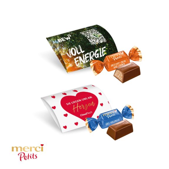 Werbebriefchen mit 1 Merci Petits mit Logo individuell bedrucken als Werbeartikel.