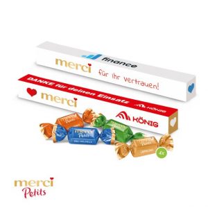 4 Merci Petits in der Werbestange mit Logo individuell bedruckt als Werbeartikel.