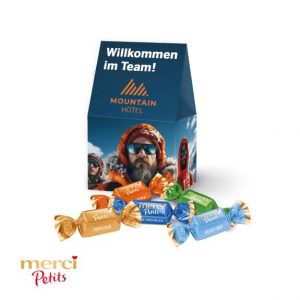 Werbekartonage mit Merci Petits individuell bedrucken mit Logo als Werbeartikel.