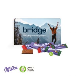Milka Schokotäfelchen in Werbebox mit Logo individuell bedruckt als Werbeartikel.