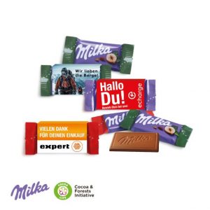 Milka Schokotäfelchen mit Werbeschuber individuell bedruckt mit Logo als Werbeartikel.