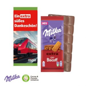 Milka extra Schokoladentafel im Werbeschuber, individuell mit Logo bedruckt als Werbeartikel.