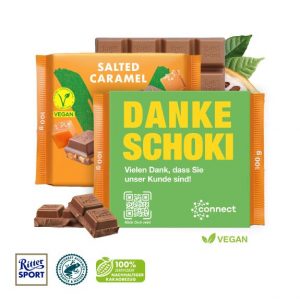 Ritter Sport vegan mit Werbe-Banderole zum individuellen bedrucken mit Logo als Werbeartikel.