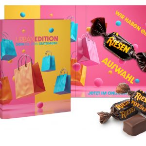 Werbe-Klappkarte mit Storck Riesen individuell bedruckten als Werbeartikel.