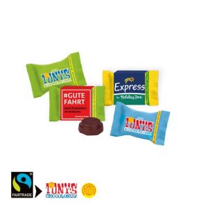 Tonys Tiny Schokolade mit Werbebanderole, individuell mit Logo bedruckt als Werbeartikel.