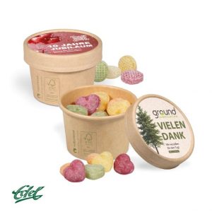 EDEL Bonbons in Papierbox individuell mit Logo bedruckt als Werbeartikel.