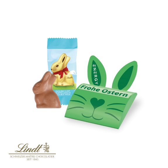 Lindt Goldhase 10g in 2D im Werbebriefchen mit Logo individuell bedrucken als Werbeartikel.