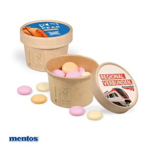 Mentos Frucht in Papierbox mit Logo individuell bedrucken als Werbeartikel.