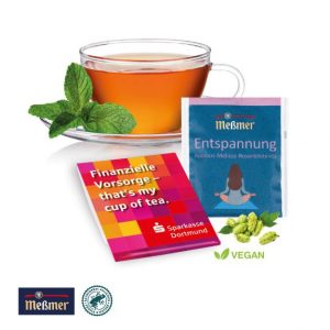 Meßmer Teebeutel im Werbebriefchen mit Logo individuell bedruckt als Werbeartikel.