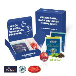 Werbebox mit Tee und Schokolade, wie 1 Meßmer Teebeutel und 1 Lindor Pralinés-Kugel, individuell mit Logo bedruckt.
