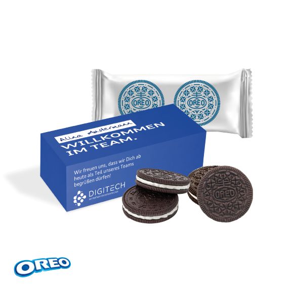 4 OREO Kekse in Werbebox mit Logo individuell bedruckt als Werbeartikel.