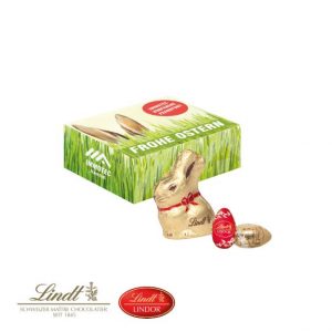 Osterpräsent Werbebox mit Lindt Schokoladenmischung und mit Logo individuell bedruckt als Werbeartikel.