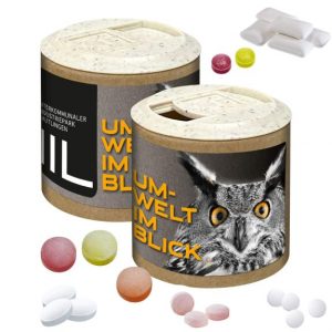 Papierdose aus Kraftpapier mit Logo individuell bedrucken und mit Kaugummi, pulmoll, glühweinbonbons, fruchtbonbons und pfefferminz als Werbeartikel.