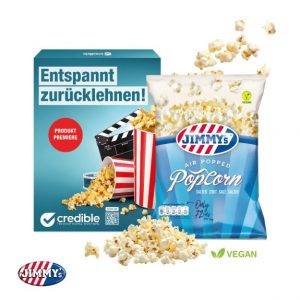 Salziges Popcorn in Werbebox mit Logo individuell bedruckt als Werbeartikel.
