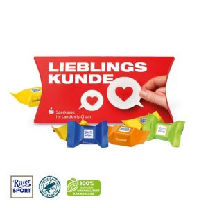 6 Stück Ritter Sport Schokowürfel in Kissenverpackung mit Logo individuell bedruckt als Werbeartikel.