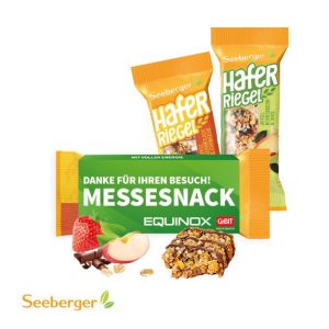Seeberger Hafer Riegel im Werbeschuber mit Logo individuell bedrucken lassen als Werbeartikel.