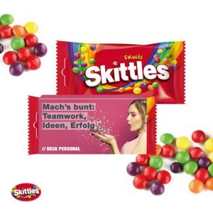Skittles im Werbeschuber individuell bedrucken mit Logo als Werbeartikel.