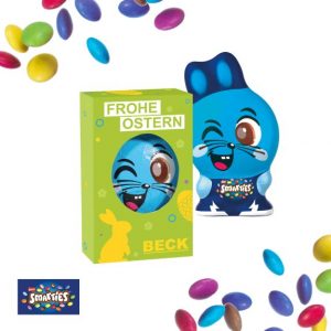 Smarties Osterhase 85 g verpackt in einer Werbekartonage mit Logo individuell bedruckt als Werbeartikel.