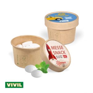 Papierdose mit VIVIL Pfefferminz Pastillen individuell mit Logo bedrucken als Werbeartikel.