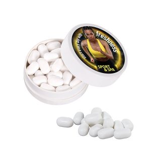 XS Papier Taschen-Dose mit tic tac und mit Logo individuell bedruckt als Werbeartikel.