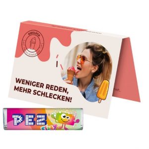 PEZ Bonbonriegel in einer Werbe-Klappkarte, individuell mit Logo bedruckt als Werbeartikel.