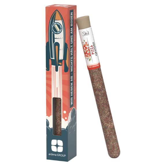 Gewürz-Reagenzglas in einer Werbebox mit Logo individuell bedrucken als Werbeartikel.