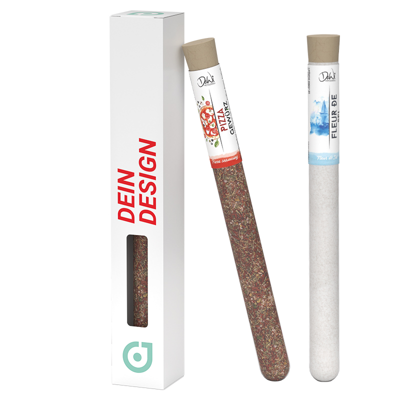 Gewürz-Reagenzglas in der Werbebox mit Logo individuell bedrucken als Werbegeschenk.