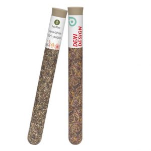 Reagenzglas aus Glas mit Gewürzen gefüllt und individuell mit Logo bedruckt als Werbeartikel.