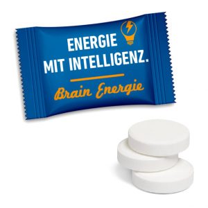 Traubenzucker oder Pfefferminz-Tablette in Werbetüte mit Logo individuell bedruckt als Werbeartikel.