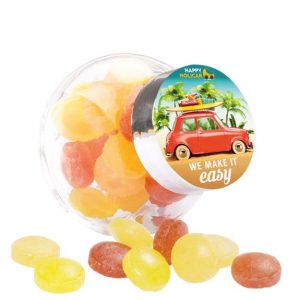 Bonbonglas mini mit Fruchtbonbons individuell bedrucken mit Logo als Werbeartikel.
