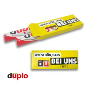 Duplo Riegel zu 2 Stück in einer Werbebox individuell bedrucken mit Logo als Werbeartikel.
