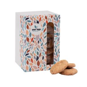 Große Schoko-Kekse mit schoko-Stückchen zu 7 Stück in Werbebox, individuell bedruckt als Werbeartikel.