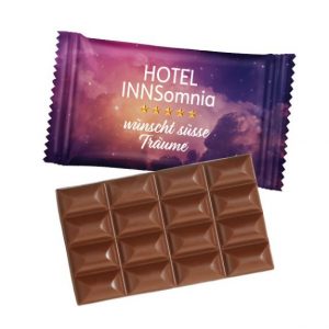 Fairtrade Schoko-Tafel 40 g im Flowpack individuell bedrucken mit Logo als Werbeartikel.