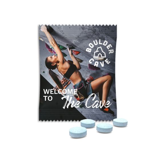 Upsters Koffeinbonbons in Werbetüte individuell bedrucken mit Logo als Werbeartikel.