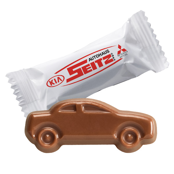 Fairtrade Schoko-Auto im Werbe-Flowpack, mit Logo individuell bedrucken als Werbeartikel.