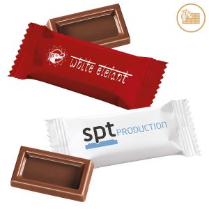 Fairtrade Schokotäfelchen individuell mit Logo bedrucken als Werbeartikel.