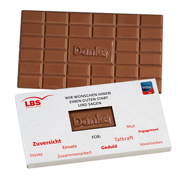 Schokotafel mit Fairtrade Kakao 150 g mit Standardprägung "Dank" in einer Werbebox mit Logo individuell bedruckt als Werbeartikel.