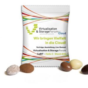 Verschiedene Mandeln mit Schokolade individuell bedrucken auf der Werbetüte mit Logo als Werbeartikel.