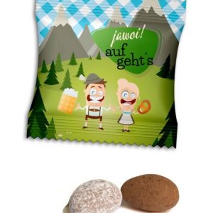 1 Sahne-Kakao-Schoko-Mandel oder Zimt-Mandel in Werbetüte mit Logo individuell bedruckt als Werbeartikel.