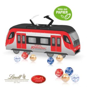 3D adventskalender als Bahn oder Straßenbahn mit Lindt Lindor-Kugeln und mit Logo individuell bedruckt als Werbeartikel.
