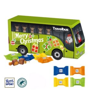 3D Adventskalender in Bus-Form mit Ritter Sport Schokowürfel und mit Logo individuell bedruckt als Werbeartikel.